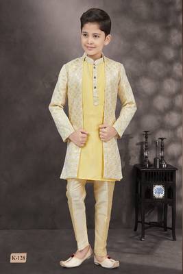 Yellow thread work fancy botton kasab zari jacquard sherwani 1