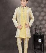Yellow thread work fancy botton kasab zari jacquard sherwani