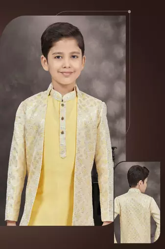 Yellow thread work fancy botton kasab zari jacquard sherwani