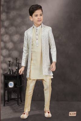 Cream thread work kasab zari jacquard sherwani 1