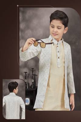 Cream thread work kasab zari jacquard sherwani 2