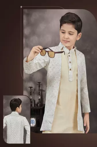 Cream thread work kasab zari jacquard sherwani