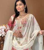 White Base Georgette Embroidery With Stone Work on Digital Print  Set Of 3