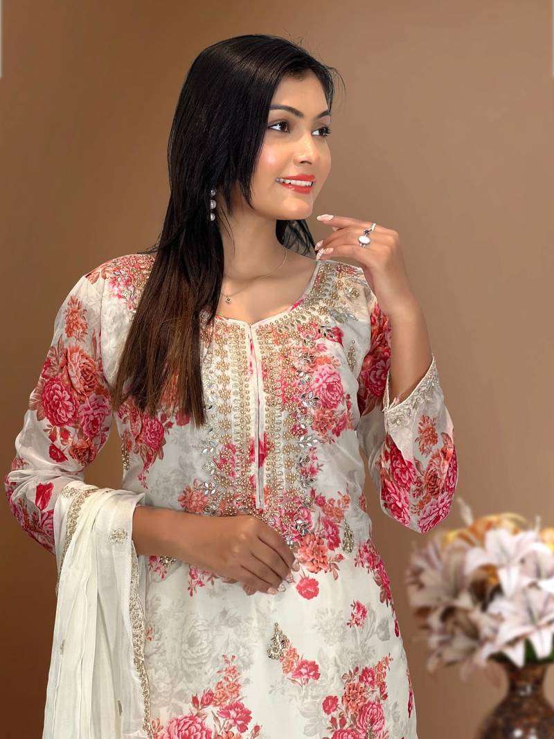 White Base Georgette Embroidery With Stone Work on Digital Print  Set Of 3