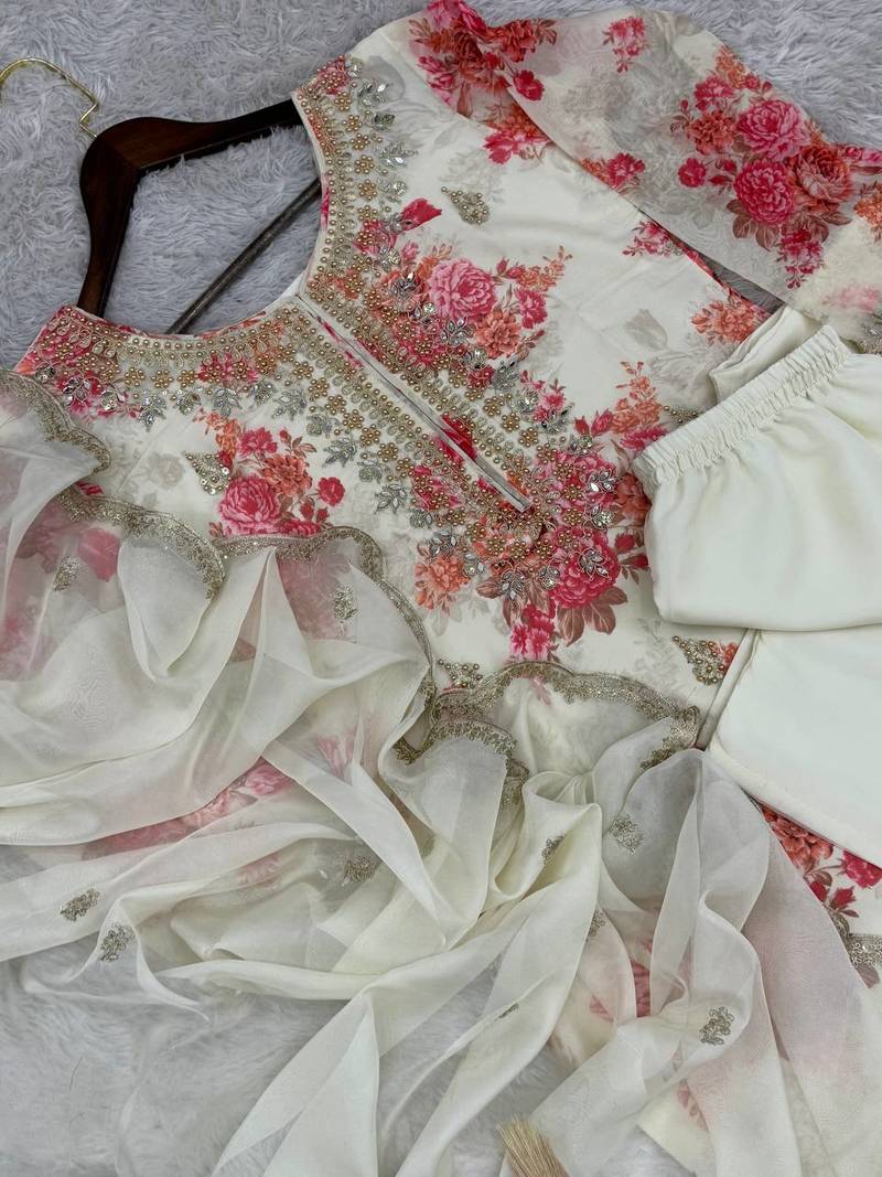 White Base Georgette Embroidery With Stone Work on Digital Print  Set Of 3