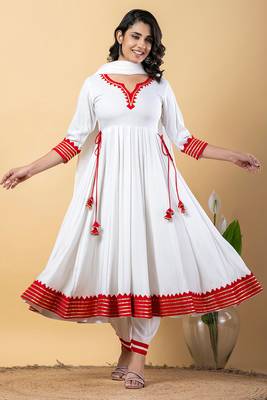 White red gotta patti rayon stitched anarkali pant suit set 1