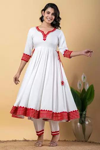 White red gotta patti rayon stitched anarkali pant suit set