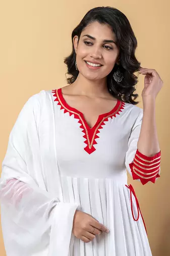 White red gotta patti rayon stitched anarkali pant suit set