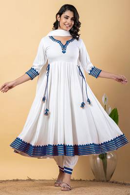 White blue gotta patti rayon stitched anarkali pant suit set 1