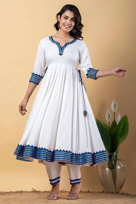 White blue gotta patti rayon stitched anarkali pant suit set 2