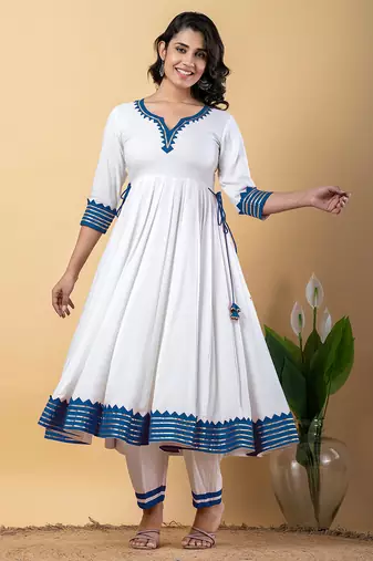 White blue gotta patti rayon stitched anarkali pant suit set