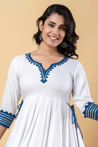 White blue gotta patti rayon stitched anarkali pant suit set