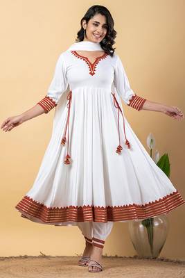 White peach gotta patti rayon stitched anarkali pant suit set 1