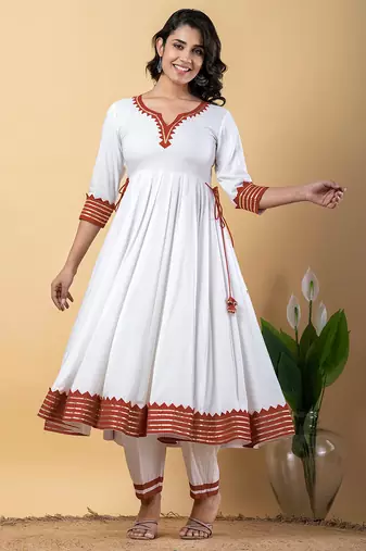 White peach gotta patti rayon stitched anarkali pant suit set