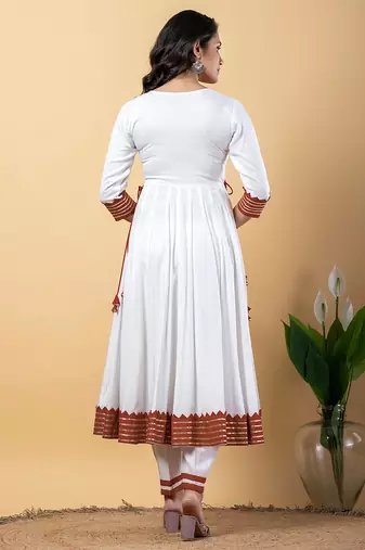 White peach gotta patti rayon stitched anarkali pant suit set