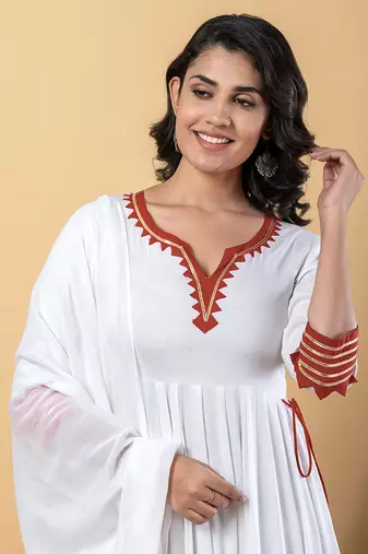 White peach gotta patti rayon stitched anarkali pant suit set