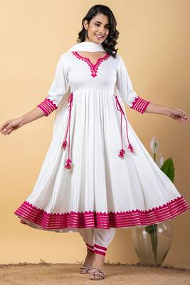White pink gotta patti rayon stitched anarkali pant suit set 1