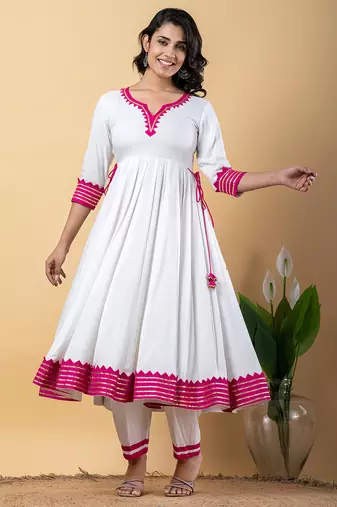 White pink gotta patti rayon stitched anarkali pant suit set