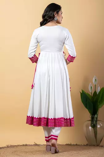White pink gotta patti rayon stitched anarkali pant suit set
