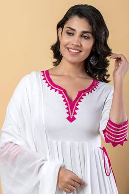 White pink gotta patti rayon stitched anarkali pant suit set 4