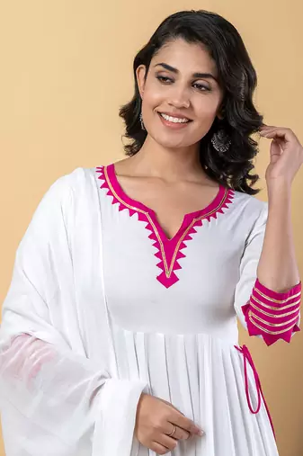 White pink gotta patti rayon stitched anarkali pant suit set