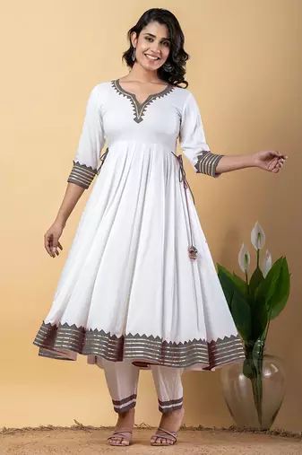 White grey gotta patti rayon stitched anarkali pant suit set