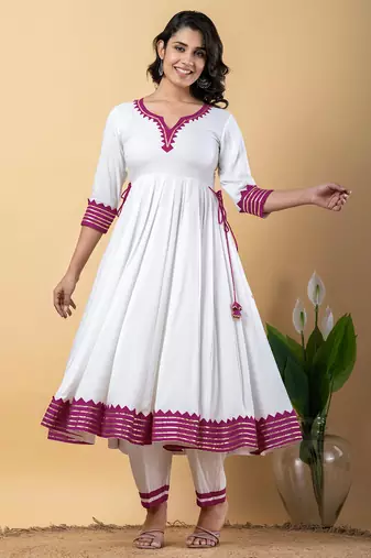 White purple gotta patti rayon stitched anarkali pant suit set