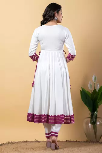 White purple gotta patti rayon stitched anarkali pant suit set