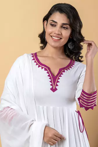 White purple gotta patti rayon stitched anarkali pant suit set