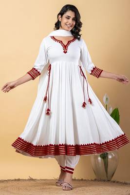 White maroon gotta patti rayon stitched anarkali pant suit set 1