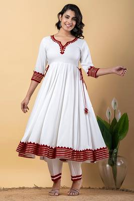 White maroon gotta patti rayon stitched anarkali pant suit set 2