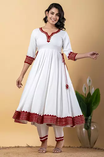 White maroon gotta patti rayon stitched anarkali pant suit set