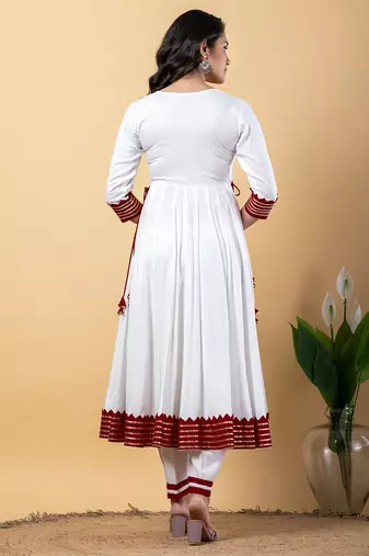 White maroon gotta patti rayon stitched anarkali pant suit set