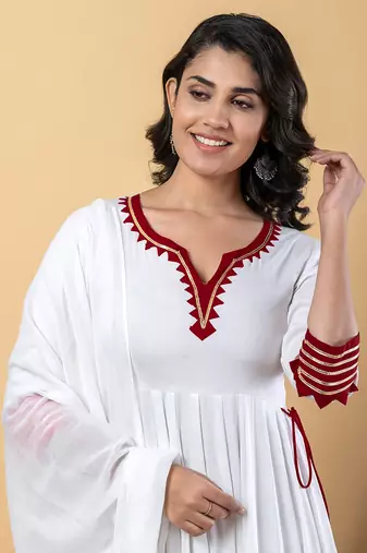 White maroon gotta patti rayon stitched anarkali pant suit set