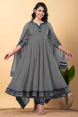 Grey blue gotta patti rayon stitched anarkali pant suit set 1