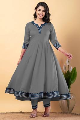 Grey blue gotta patti rayon stitched anarkali pant suit set 2
