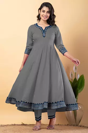 Grey blue gotta patti rayon stitched anarkali pant suit set