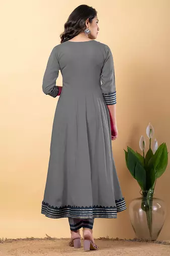 Grey blue gotta patti rayon stitched anarkali pant suit set