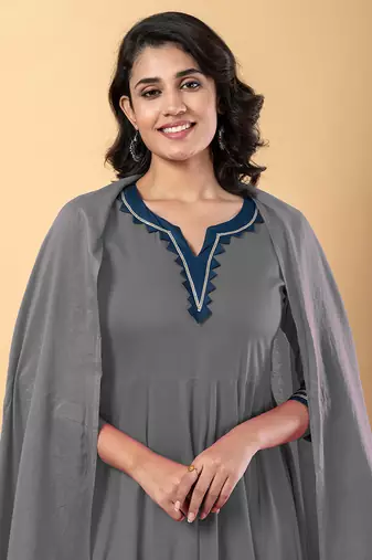 Grey blue gotta patti rayon stitched anarkali pant suit set