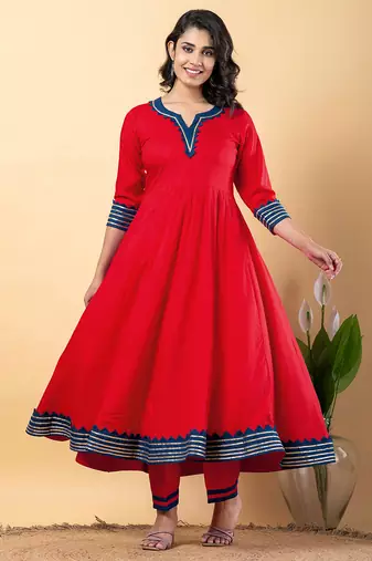 Red blue gotta patti rayon stitched anarkali pant suit set