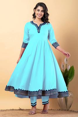 Light blue  gotta patti rayon stitched anarkali pant suit set 2