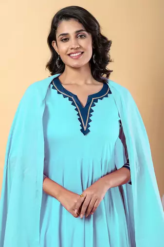 Light blue  gotta patti rayon stitched anarkali pant suit set
