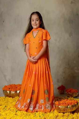 Orange printed & embroidered lehenga set