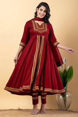 Maroon gotta patti rayon stitched slit anarkali pant suit set 1