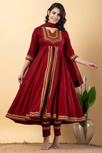 Maroon gotta patti rayon stitched slit anarkali pant suit set