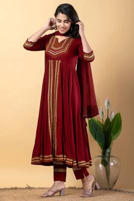 Maroon gotta patti rayon stitched slit anarkali pant suit set 3