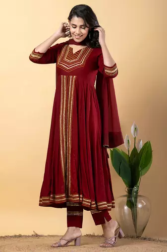 Maroon gotta patti rayon stitched slit anarkali pant suit set