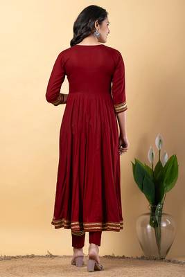 Maroon gotta patti rayon stitched slit anarkali pant suit set 4