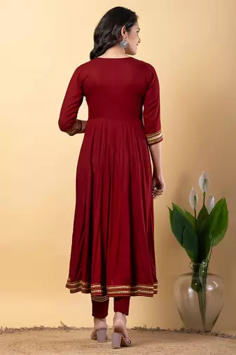 Maroon gotta patti rayon stitched slit anarkali pant suit set