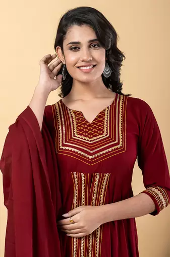 Maroon gotta patti rayon stitched slit anarkali pant suit set